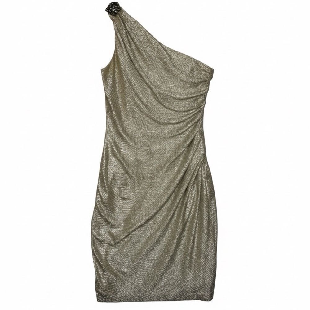 MAGGY LONDON One Shoulder Gold Champagne Shiny Stretch Mini Dress Size 8